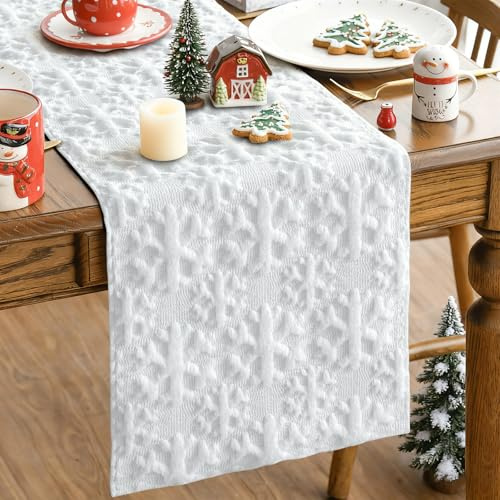 JOTOM Weihnachten Tischläufer, Plüsch Tischband Küche Esstisch Dekoration für Party Wohnzimmer Esszimmer Garten, Innen & Außen Schneeflocken Weihnachtstischdecke Weihnachtsdeko (40x240cm, Weiß)