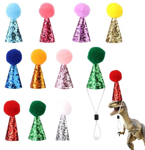 Tinoaly 10stk Mini-Partyhüte mit Perlen, Bunte Glitzernde Verstellbare Kegelhüte mit Pompons zum Basteln für Puppen Kuscheltiere und Geburtstagsparty-Zubehör