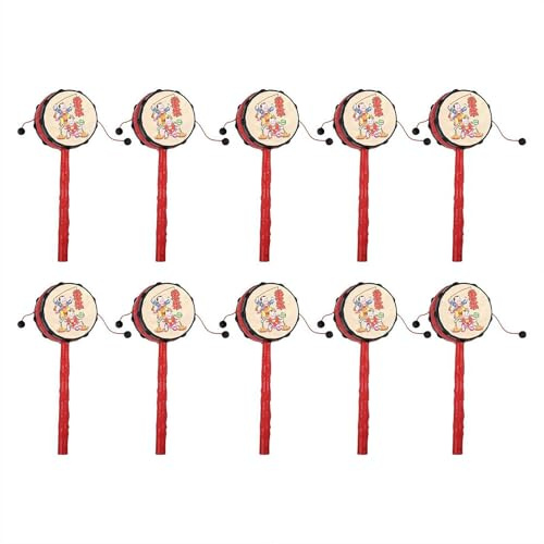 Traditional Chinese Rattle Drum, 10-Piece Red Plastic Hand Drum Set with Rhythmic Sound, Educational Musical Toy for Kids, Cultural Percussion Instrument for Children Classroom Party