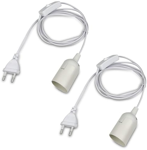 Eckerdromk 2 Pcs Lampenfassung E27 mit Kabel, 2m Fassung mit Stecker, Lampenfassung mit Schalter, Glühbirnen Fassung, Adapter für Lampenaufhängung, Pendelleuchten, Deckenleuchten, DIY Lampen, Weiß