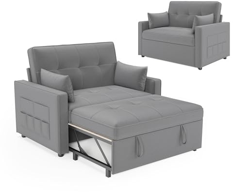 LUXOAK Schlafsofa 186 x 122 cm mit 5-stufig Verstellbarer Rückenlehne, 3-in-1 Schlafcouch mit Kissen und Seitentasche, hellgraues Leinen-Sofa für Gästezimmer & kleine Räume