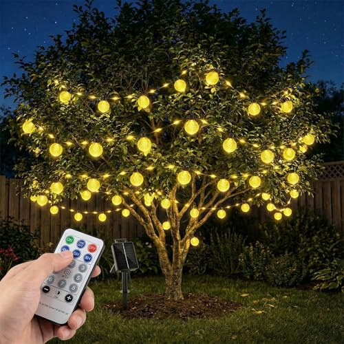 BG9D Guirlande lumineuse solaire extérieure, 17M 100 LED avec 25 lampes ananas, 8 modes avec télécommande, étanche IP67, pour extérieur, terrasse, balcon, mariage, fête, jardin, blanc chaud
