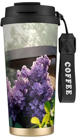 Unique Customized Coffee Mug - Insulated Stainless Steel Tumbler for Travel, Home & Office - 17 oz Purple lilac bushes Black