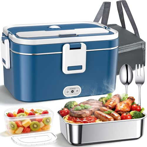 AOKBON 100W Fiambrera Electrica Trabajo 1.8L 12V/24V/220V Taper Electrico Portatil para comida con Bolsa Térmica y Cubiertos-Acero Inoxidable para Coche Camión y Trabajo