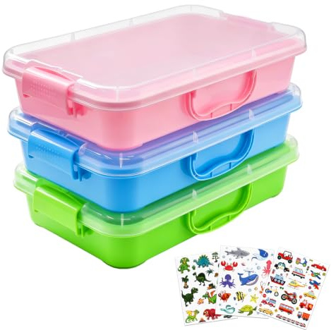WEXFFU Lot De 3 Bacs De Jeu Sensoriels avec Couvercle Et 3 Autocollants | Empilables, Bacs à Sable Portables, Légers, 3 Stickers (Dinosaures, Voitures, Animaux Marins) Pour Sable, Eau, Jouets
