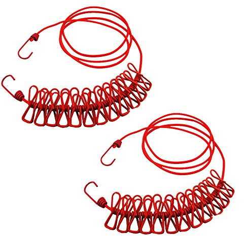 Cuerda con 12 pinzas, de NUZAMAS, a modo de tendedero portátil y extensible, para secar la ropa en acampadas, para uso interior y exterior, color rojo