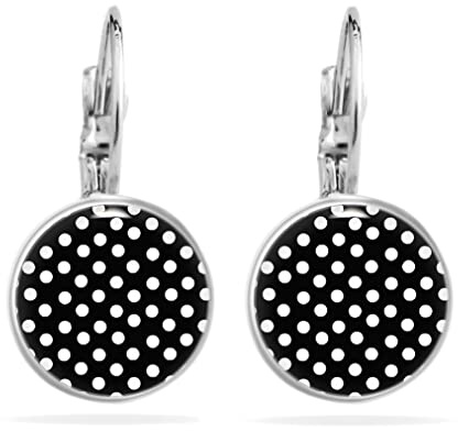 Ohrringe Schwarz Polka Dots Hängende Ohrringe Rockabilly Accessoires Damen 50er Jahre Schmuck Edelstahl Damen Cabochon Modeschmuck Silber