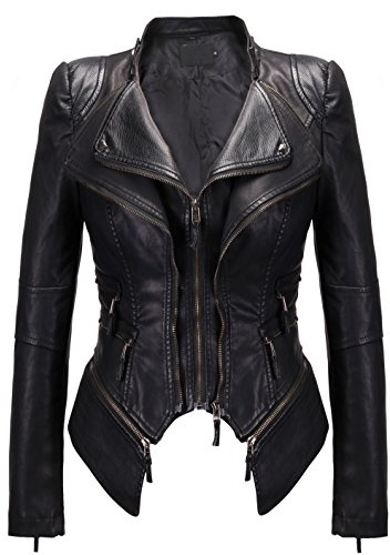 chouyatou Women's Fashion Studded Perfectly Shaping Faux Leather Biker Jacket (X-Large, New-Black)
