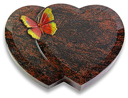 Grabplatte, Grabstein, Grabherz, Urnengrabstein Modell Amoureux 40 x 30 x 7 cm Aruba-Granit, poliert inkl. Gravur (Color-Bronze-Ornament Papillon 2)