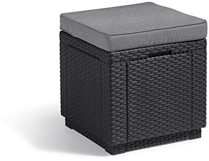 Allibert by Keter Cube Hocker mit Stauraum, grau, inkl. Kissen, Deckel abnehmbar, flache Rattanoptik, wetterfest, 42x42x39cm