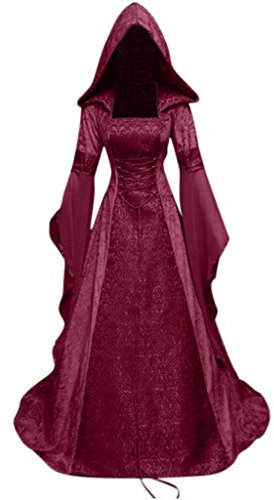 YEBIRAL Damen Langarm Mittelalter Kleid Bodenlangen Gebunden Taille Maxikleid Gothic Retro Kleid Prinzessin Renaissance Cosplay Dress Party Festlich Halloween Karneval Kostüm (Y-2 Weinrot, M)