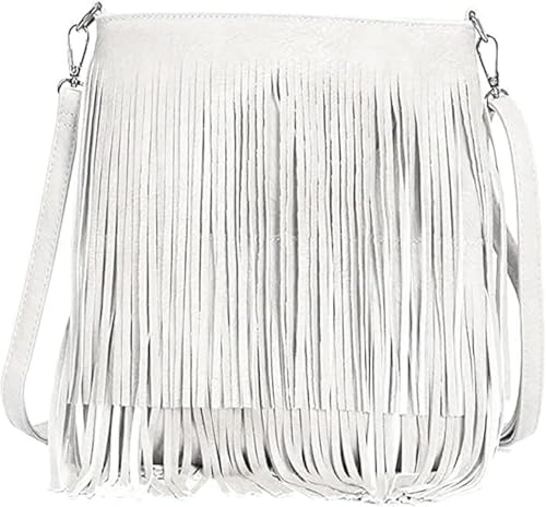 BOOM Prime Women’s Medium Faux Leather Crossbody & Shoulder Bag with Fringe Tassel, Casual Hobo Handbag for Everyday Use, Lightweight, Stylish and Practical (White)