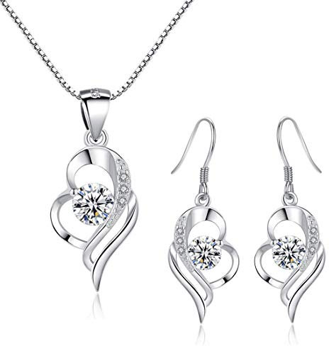 Kamise Schmuck Set Damen, 925 Sterling Silberkette & Haken Hängend Ohrringe mit Herz, Halskette und Haken Ohrhänger mit Weiß Zirkonia, Romantic Schmuckset mit Geschenkbox für Mutter Frauen Freundin