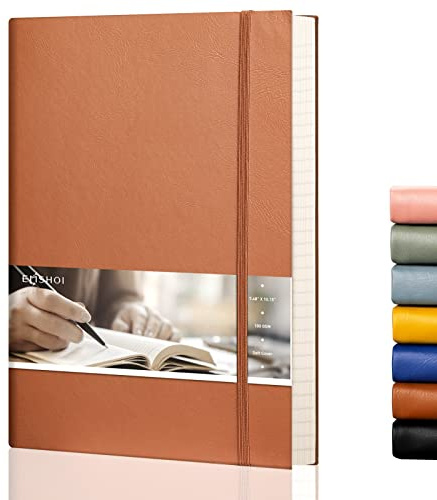 EMSHOI B5 Notizbuch liniert Notizblock - 19 x 25 cm großes Leder-Tagebuch mit Haftnotizen, 204 nummerierte Seiten, 100 g/m² liniertes Papier, Rücktasche, Softcover, Braun