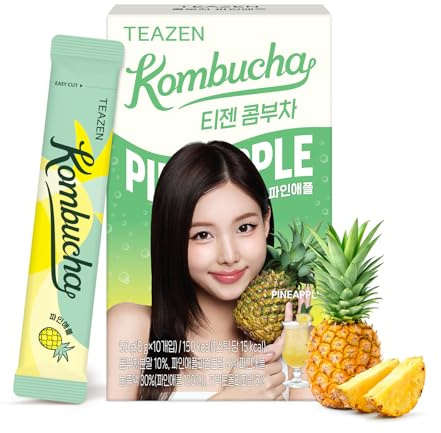 TEAZEN Pineapple Kombucha Tea, Hydration Drink Mix, Sugar Free, Live Probiotics & Prebiotics, 10 Sticks, 1.76oz