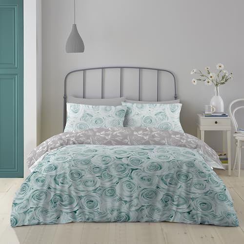 GC GAVENO CAVAILIA Printed Duvet Cover Duck Egg, Reversible Rose Bedding Double Bed Set, Warm Floral Quilt Covers
