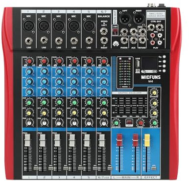Micfuns M6 - Mixer audio per DJ professionale, console soundbar con USB/MP3/Bluetooth, mixer live, effetto digitale, mixer a 7 canali + 48 V