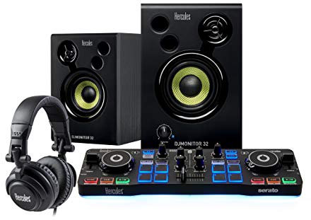Hercules DJStarter Kit – Complete DJ Bundle with DJControl Starlight, Monitor 32 Studio Monitors, and HDP DJ45 Headphones