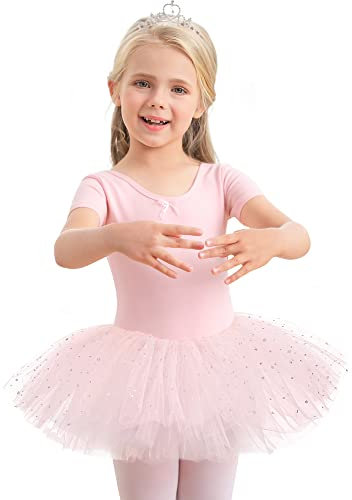 Aiseyi Ballettkleidung Ballettkleid Mädchen Pailletten Ballett Tütü Kinder Baumwolle Tanzkleid Kurzarm Balletttrikot Ballettanzug Ballett kleider Ballerina Tutu 5-7 Jahre