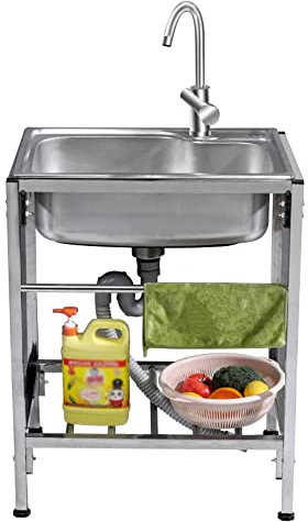 WORDFUN Lavabo di Utilità Commerciale Lavello da Cucina in Acciaio Inossidabile, Lavamani Industriale in Piedi, Lavabo Singolo Autoportante Professionale, per Esterno Lavatoio Giardino Campeggio