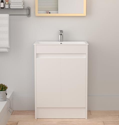 Robanmoa 600mm Bathroom Vanity Unit with Basin Freestanding Bathroom Storage Cabinet Ceramic Overflow Sink Wash Basin Floorstanding Cabinet Vanity Units Waterproof Cupboard Furniture