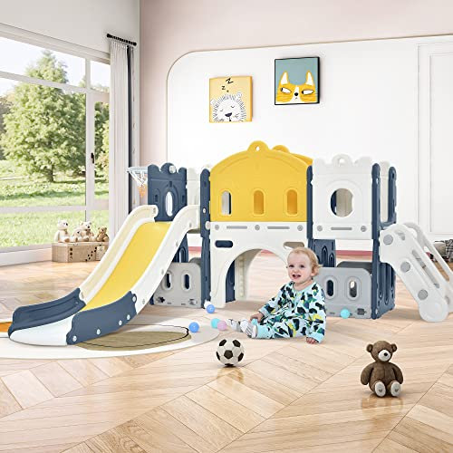 6 In 1 Kinder Rutsche ab 3-6 Jahre für Indoor und Outdoor, Kinder Spielplatz mit Basketballkorb, Klettern, Spielgang, Bohrspiel und Stauraum, Gartenrutsche, Schaukelgerüst, Kinderschaukel (Blau)