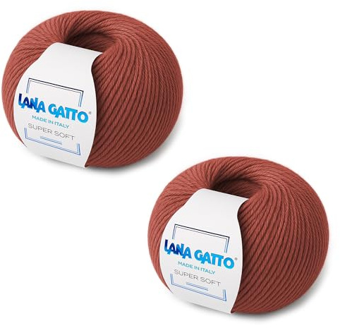 Strickgarn 100% reine Merino-Schurwolle Extra-Fine, line Super Soft von Lana Gatto Made in Italy, hochwertiges Garn zum Häkeln und Handstricken, 100g 250 Meter, (Ziegelrot - 14574, 2)