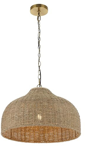 JONATHAN Y 20 Brown/Brass Gold 1-Light Rattan and Iron Dome Pendant Light, Adjustable Height Coastal Bohemian Hanging Lamp for Kitchen Island, LED Bulb Included JYL1133A