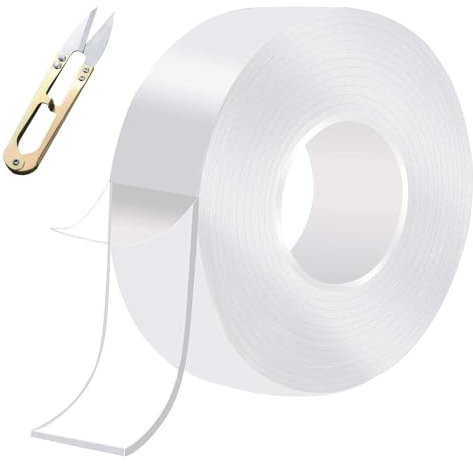 MisFun Ruban Adhésif Double Face Transparent, Scotch Double Face Extra Fort, 3m Adhésif Amovible Lavable Antidérapant avec Ciseaux, Nano Tape Réutilisable Multifonction pour Tapis Photo Décoration