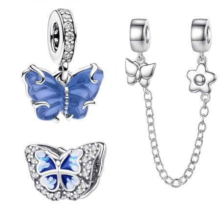 Doyafer 925 Sterling Silber Tier Anhänger Charm Anhänger Charms Set Libellen Blumen Sicherheitsketten für Frauen-Armband-Halskette Geschenk 3 Stück/Packung
