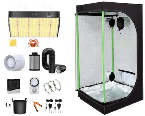 JUNG Growbox Komplettset Anbau Set mit LED Vollspektrum Grow Lampe Dimmbar, 60x60x140 cm, mit Ventilator, Abluft Aktivkohlefilter, Growzelt Anzucht Gewächshaus, Grow Tent Complete Set