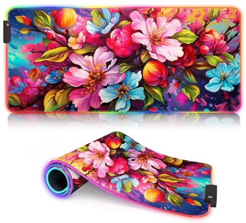HEYCE Tappetino per mouse ROG con fiori di mela, tappetino per mouse da gioco a LED, di grandi dimensioni, 60 x 35 x 0,3 cm, base in gomma antiscivolo e superficie impermeabile