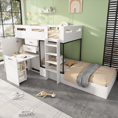 WIZBED Etagenbett mit Ausziehbarer Schreibtisch, Kleiderschrank und 2 Schubladen, Kinderbett Hochbett 90 x 200 cm - Platzsparendes Kinder Möbelset - Ohne Matratze