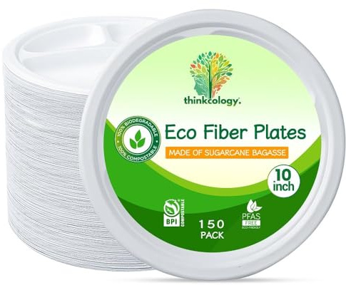 thinkcology. Platos de papel compostables de 3 compartimentos de 10 pulgadas, 100 % biodegradables, hechos de bagazo de caña de azúcar (blanco natural), platos llanos ecológicos y resistentes, paquete