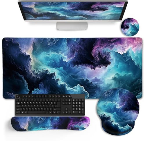 LIMKRIAN Ensemble de tapis de souris galaxie pour bureau, tapis de souris ergonomique avec repose-poignet, support de poignet pour clavier, sous-verre mignon, accessoires décoratifs de bureau