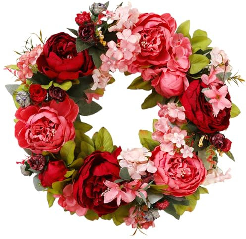 Haustürkranz, Pfingstrosenkranz 16 '' künstliche Frühlingsblume Blumenkranz realistisch blühende Seide Peonies Türkranz Dekorative Kränze Girlande für Hochzeitswand im Freien rote Blumen, Frühlingskr