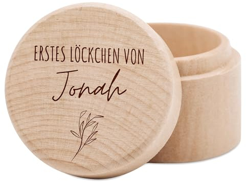 wunderwunsch® - Milchzahndose personalisiert aus Holz mit hochwertiger Gravur - Zahndose Milchzähne als Erinnerung an die ersten Zähnchen (Erstes Löckchen)