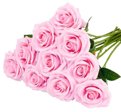XoeLLe 12 Stück Rosa Rosen, 51cm Künstliche Blumen, Blumenstrauß, Kunstblumen Wie Echt, Hochzeit Deko, Home Decor, Realistische Blume für Hochzeitssträuße Jubiläen Partys Dekoration (Hellrosa)