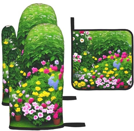 YYHHAOFA Lot de 3 gants de cuisine imperméables et durables pour four et manique pour isolation thermique Motif fleurs et plantes