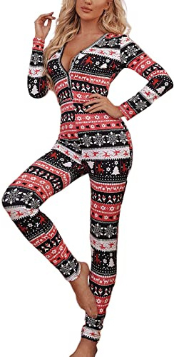 Qianderer Pyjamas de Saint-Valentin pour Femmes, Combinaison en Une Pièce, Manches Longues, Boutonnée, Bodycon, Rompers, Vêtements de Nuit, XL