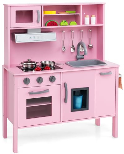 DREAMADE Cuisine Enfant en Bois, Jeu de Cuisine avec Micro-Ondes, Hotte Aspirante, Plaques de Cuisson, Évier de Jeu, Four, Machine à Glaçons, Cuisine avec Sons pour garçons & Filles 3-6 Ans (Rose)