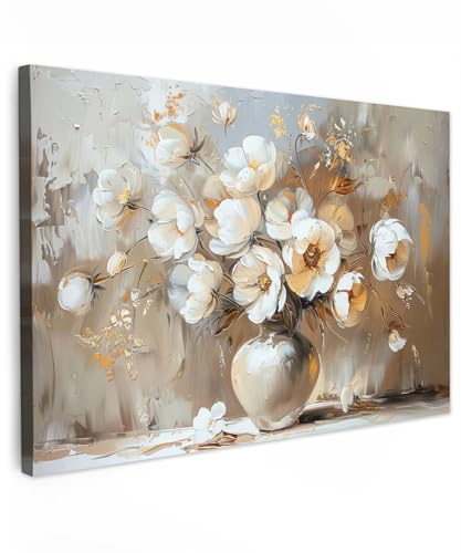 MuchoWow© Wandbilder Groß XXL Schlafzimmer Home Deko Wohnung Bild | 120x80 cm - Wohnzimmer Fotoleinwand Wand Bilder Leinwand Wall Decor Vase - Blumen - Kunst - Gold