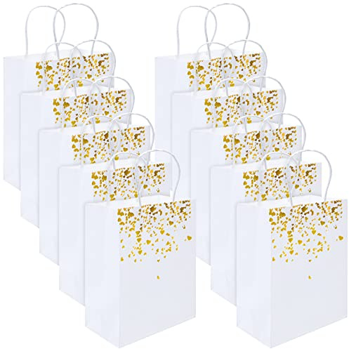 AMJKEJI 15 Stück Kleine Geschenktüten mit Henkel weiß mit goldenem Herz für Hochzeit Geburtstag Weihnachten - 15×8×21cm