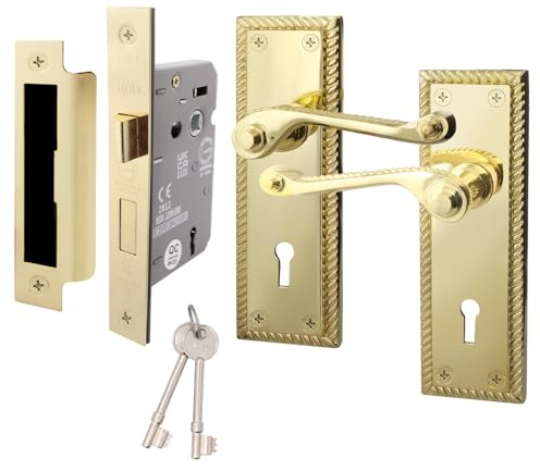 EAI Polished Brass Georgian Scroll Door Handle with Lock Set - 1 Pair Internal Lever Handles and Keys - Rope Design 64mm