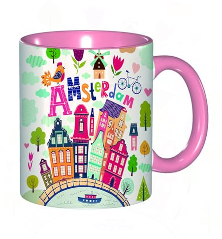 EKLMPS Tazas de Café,Taza de Cerámica para Té y Café,330ml/11oz,Regalos original,Aniversarios,nupical,desayuno,Románticos,Arquitectura de Amsterdam en estilo de dibujos animados, estilo holandés con i
