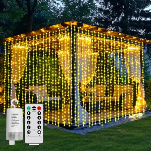 Curtain Lights Battery Operated 10 * 10Ft 300LED Waterfall Light with 8 Modes Remote Dimmable Timer Memory Waterproof Twinkle Fairy String Lights for Indoor Outdoor Backdrop Bedroom Pergola Christmas