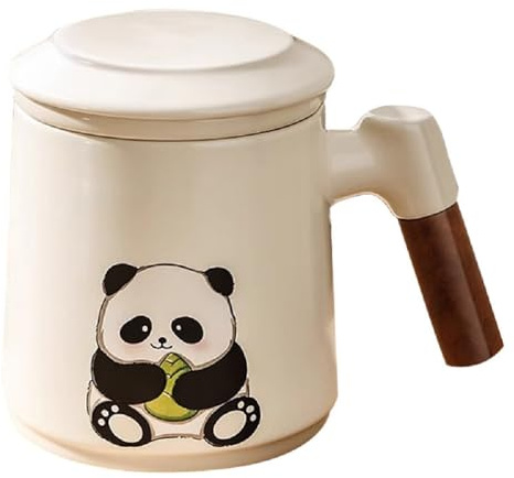 MAGICVOGEL 420ml Teetasse mit Deckel und Sieb,süß Panda Teebecher mit Teesieb für Losen Teeblätter,Cartoon Panda Muster Keramiktasse Geschenk für Männer Frauen Teeliebhaber (Holz-Griff)