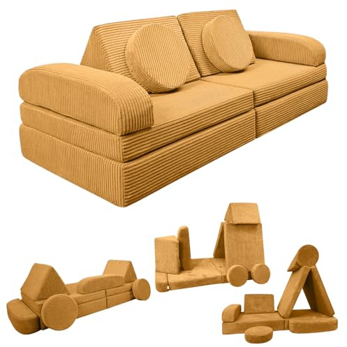 Izabell Modulares Kindersofa und Spielsofa – Kreatives Sofa aus Weichem Cordstoff mit Wasserfesten Schutzbezügen, Perfekt zum Spielen und als Bett für Kinder (senfgelb)