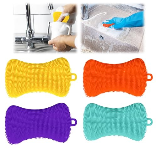 Confezione da 4 spugne in silicone per piatti, spugna per piatti in silicone, spugna per la pulizia dei piatti, colorata (colore A)
