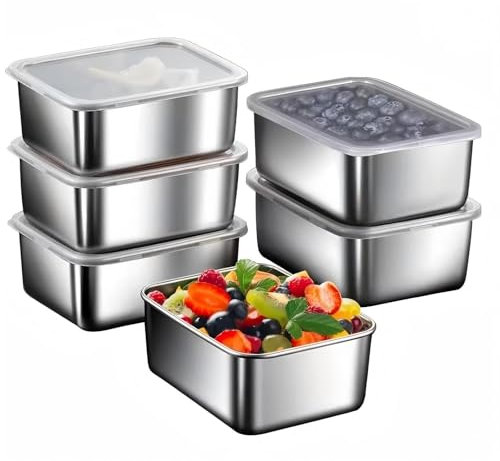 Liwankaqi Contenitori salvafreschezza, 6 pezzi con coperchio, grande capacità di 650 ml, resistenza alla corrosione, contenitori in acciaio inox, per formaggi, frutta, insalate, caramelle e marmellate